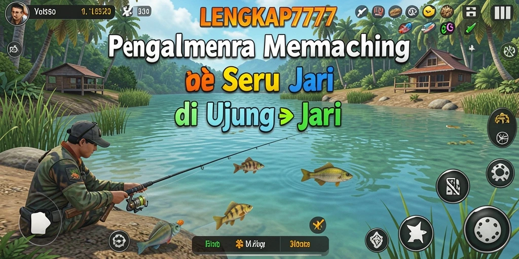 Gameplay LENGKAP777 menampilkan pemain memancing di lokasi indah.